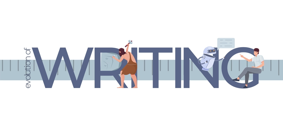 Evolution writing writer composition with flat text and icons of prehistoric modern man and futuristic robot vector illustration