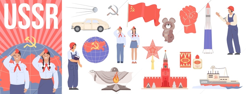 Ussr flat composition set with isolated soviet union symbols on white background vector illustration