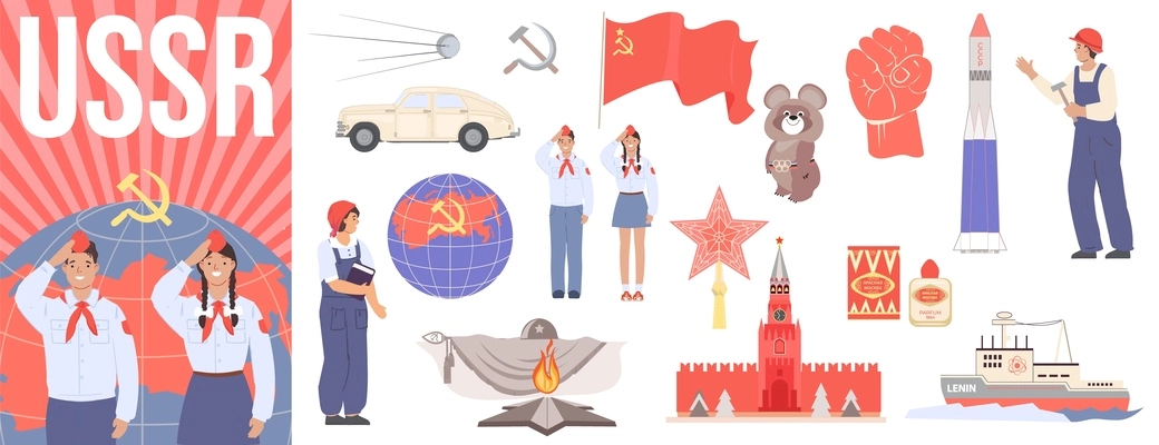 Ussr flat composition set with isolated soviet union symbols on white background vector illustration