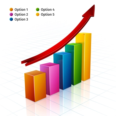 Business bar graph with growth arrow sign 3d vector illustration