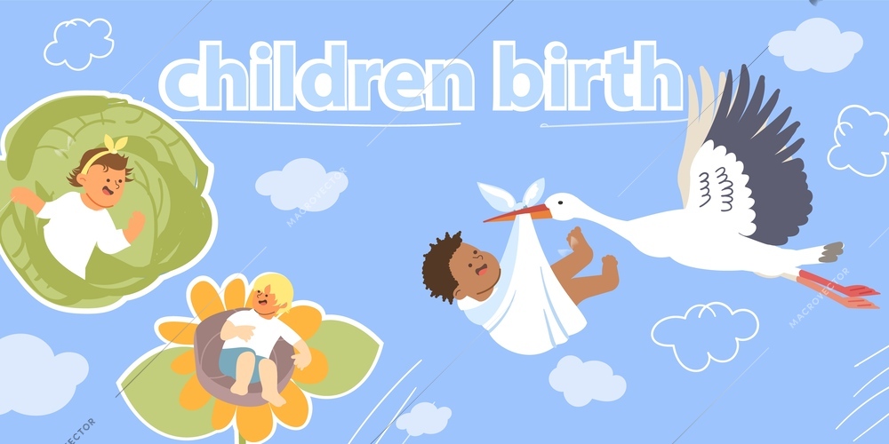 Children birth flat collage with kids in cabbage magic flower carried by stork on blue background with clouds vector illustration