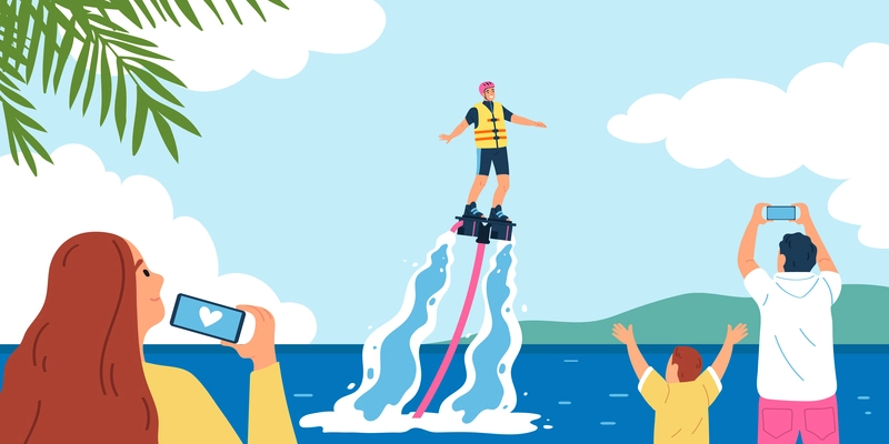 Water sport composition with sea scenery and excited people watching and filming man performing hydro flight vector illustration