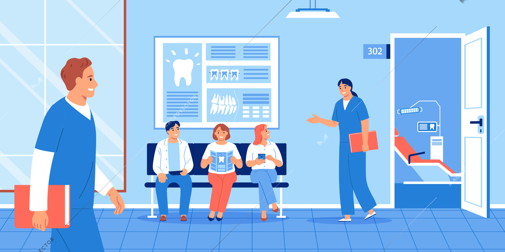 Dentist composition with indoor view of dental clinics waiting hall with sitting patients and medical specialists vector illustration