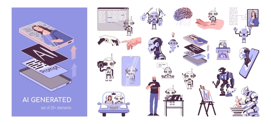 Ai generated flat composition with text and smartphone layers with set of isolated icons with robots vector illustration