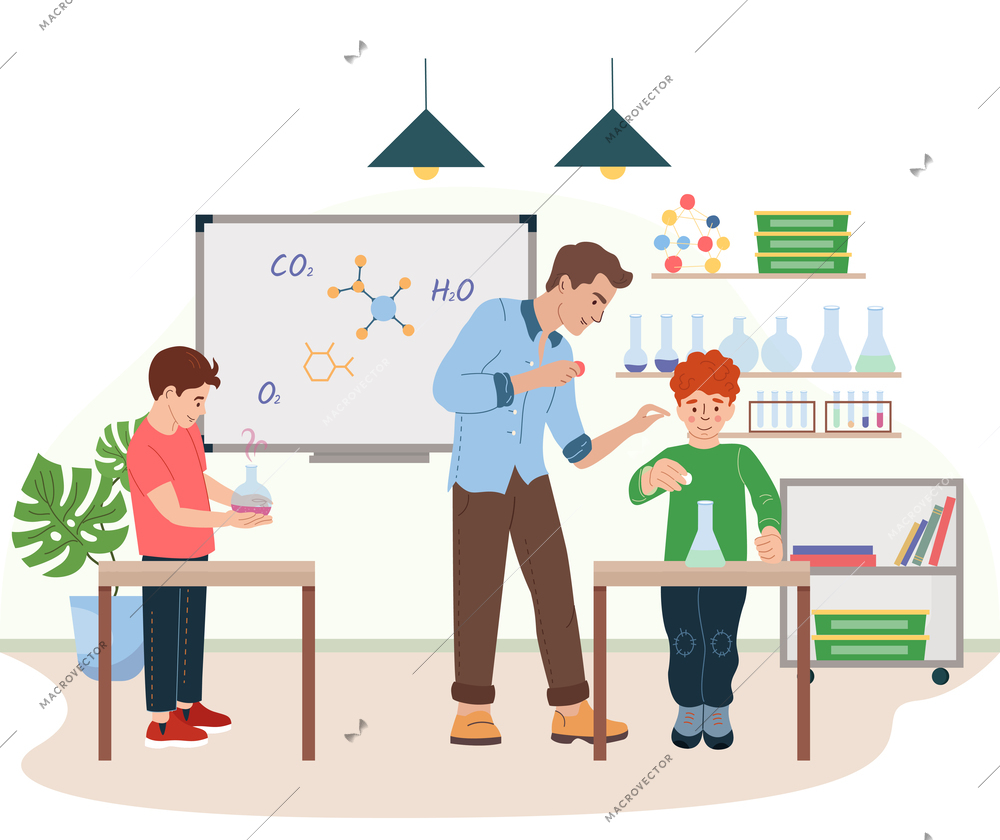 Tutor classes in lab flat composition with teacher and two pupils performing practical tasks vector illustration