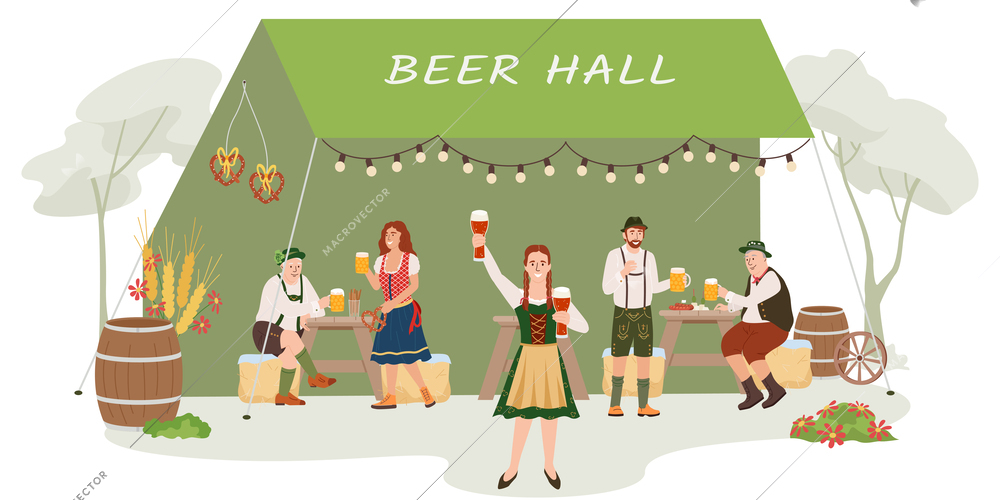 Oktoberfest beer festival celebration flat background with people in traditional bavarian costumes drinking beer vector illustration