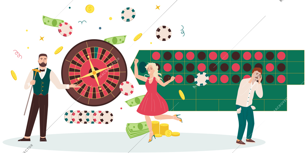 Casino flat composition with beautiful fashionable girl and sad loser with pockets turned out vector illustration