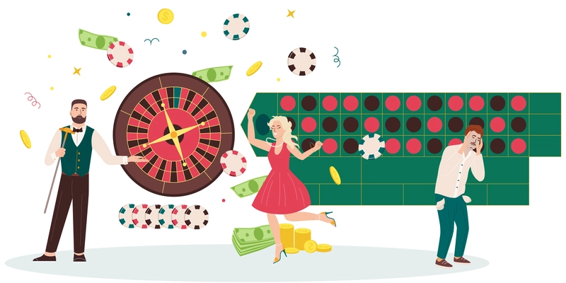 Casino flat composition with beautiful fashionable girl and sad loser with pockets turned out vector illustration