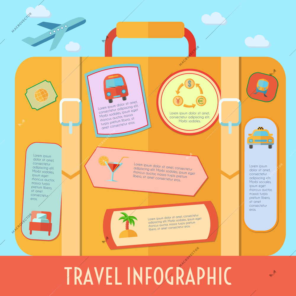 World travel infographics set with tourism and vacation symbols vector illustration