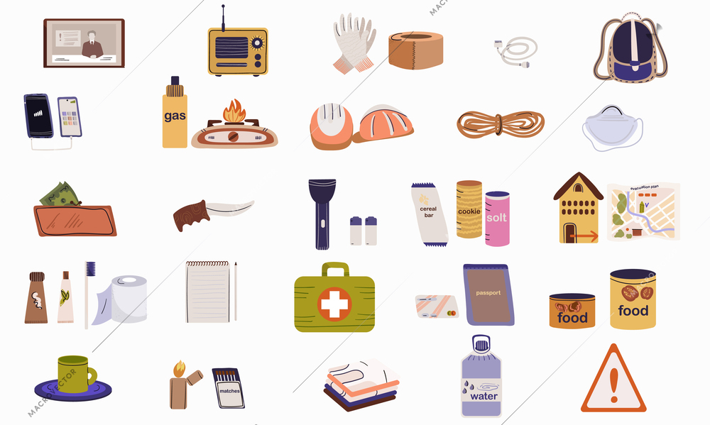 Disaster prevention flat set with isolated icons of medical supplies aid with household and warning signs vector illustration