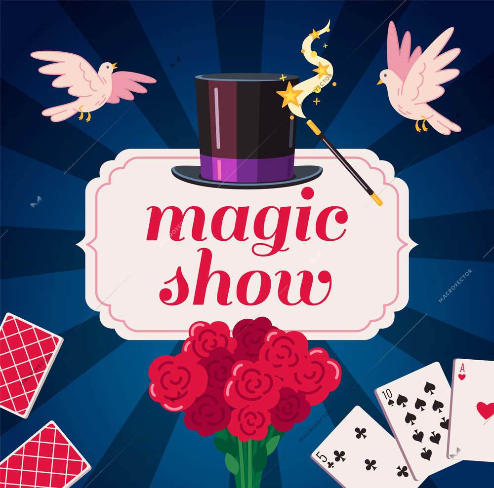 Magic show cartoon poster with magician accessories vector illustration