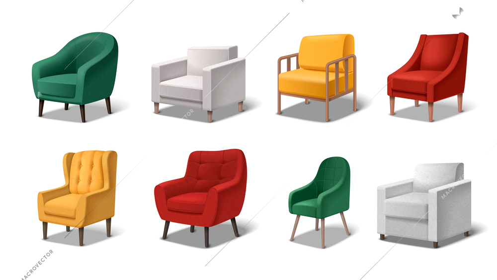 Armchair realistic icons set with classic and modern furniture items isolated vector illustration