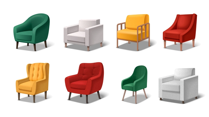 Armchair realistic icons set with classic and modern furniture items isolated vector illustration