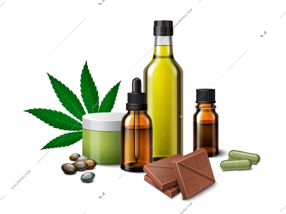 Medical marijuana realistic set with cbd oil connecting products vector illustration