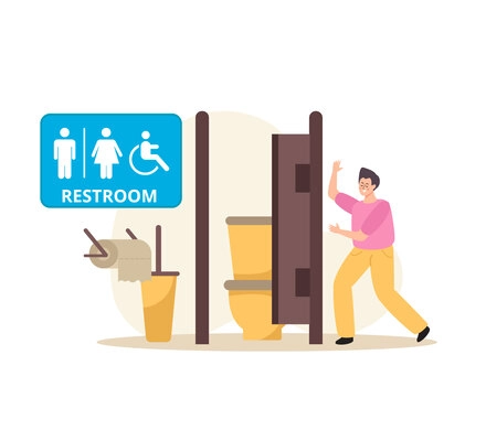 Public restroom flat composition with man near lavatory door vector illustration