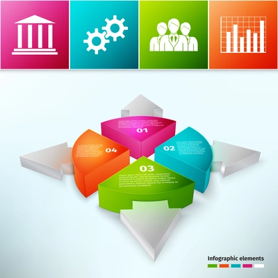 Pie chart 3d with arrows and business symbols vector illustration