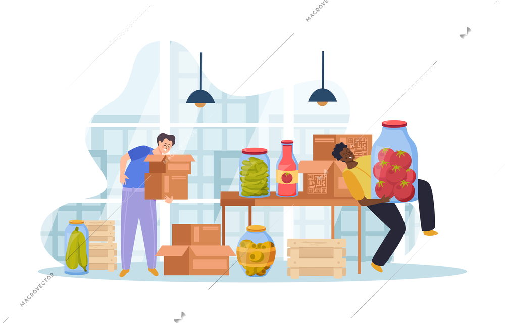 Canned food flat composition with people in grocery store warehouse vector illustration