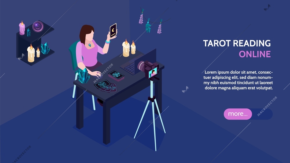Isometric fortune teller composition with blogger reading tarot cards online vector illustration