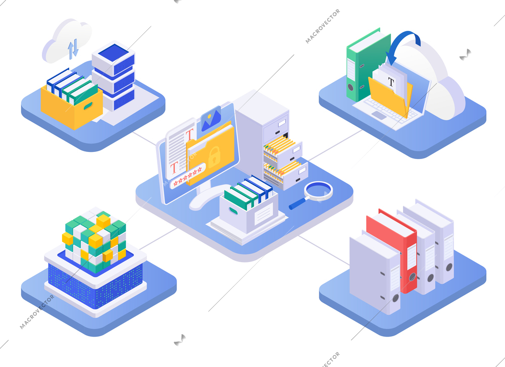 Archive documents processing isometric composition with flowchart of isolated platforms with icons of servers and folders vector illustration
