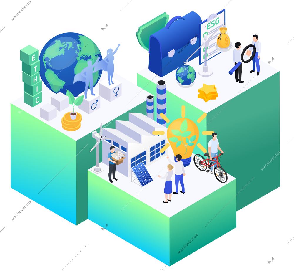 Esg business environmental social governance isometric concept with people taking care of nature and staff rights promoting gender equality vector illustration