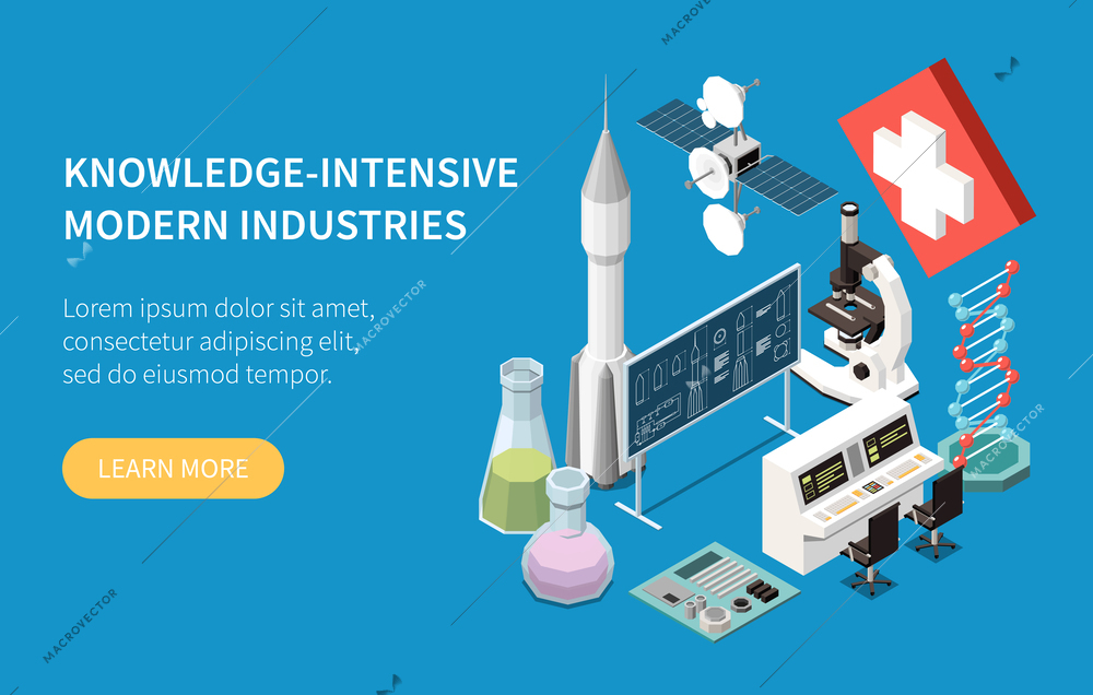 Knowledge intensive modern industry isometric banner with equipment for research in various scientific areas 3d vector illustration