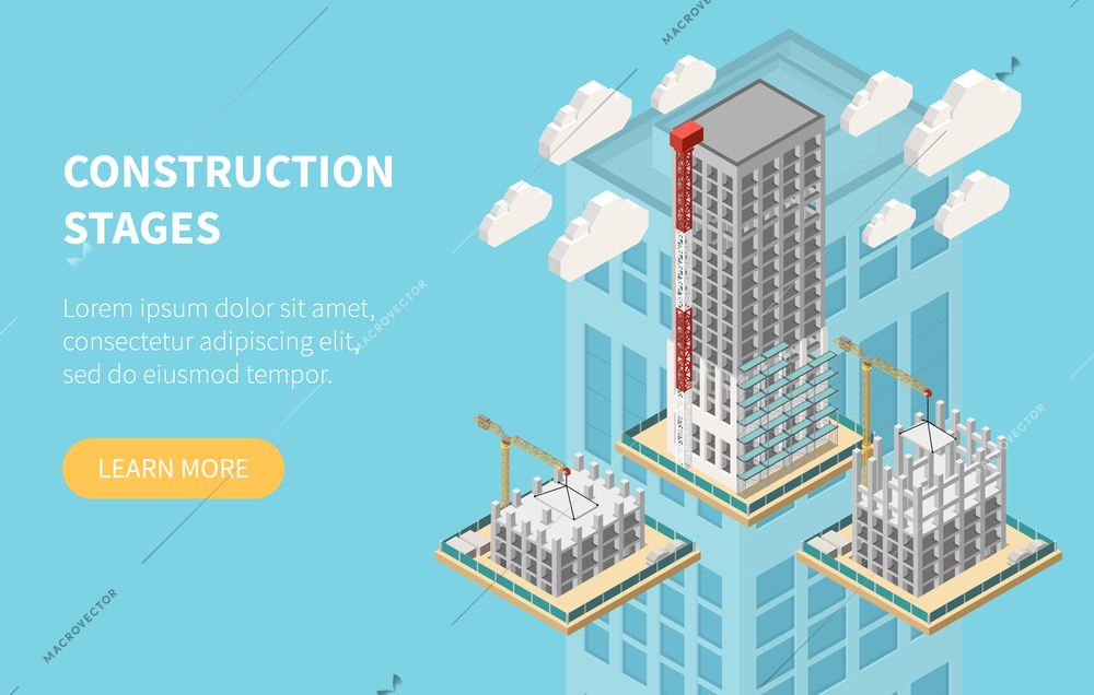 Isometric horizontal website banner with skyscraper construction stages and learn more button vector illustration