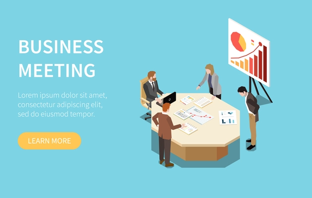 Business meeting isometric website banner with learn more button and people brainstorming and looking at papers with diagrams vector illustration