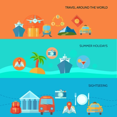 Travel horizontal banner set with summer holidays sightseeing elements isolated vector illustration