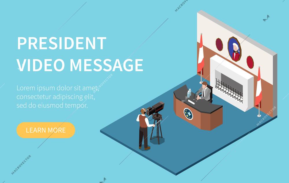 Politicians isometric website banner template with reporter shooting president video message vector illustration