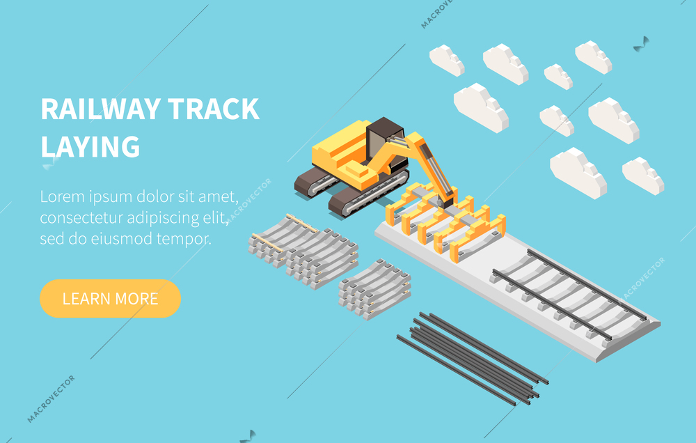 Railroad building isometric web banner template with machine during track laying on blue background 3d vector illustration