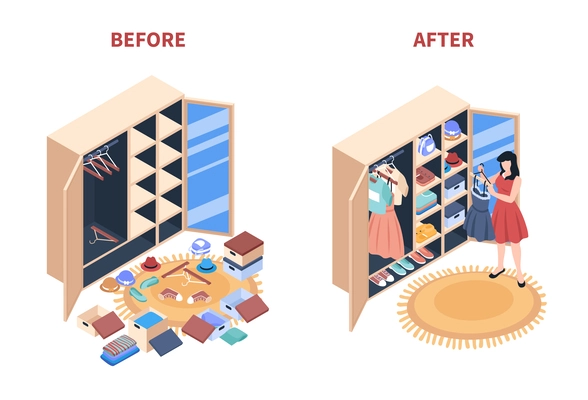 Decluttering and clothes organization isometric concept with female character and wardrobe before and after vector illustration