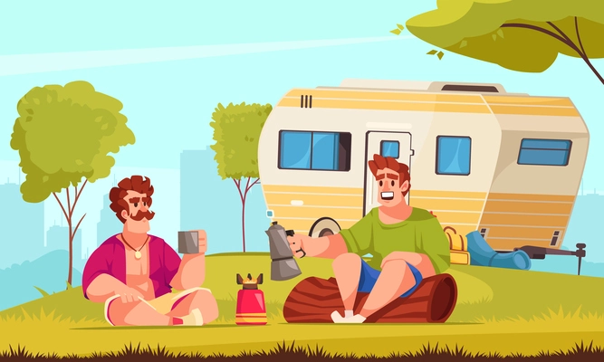 Summer activities cartoon poster with two men having picnic at recreational trailer background vector illustration