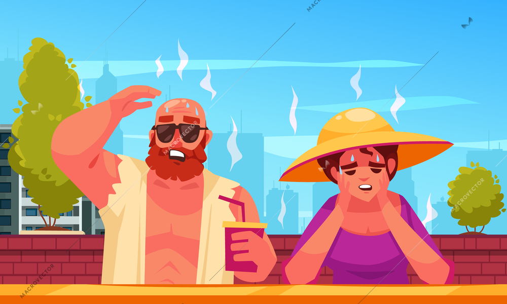 Heat cartoon background with suffering couple at outdoor with hot sun light vector illustration