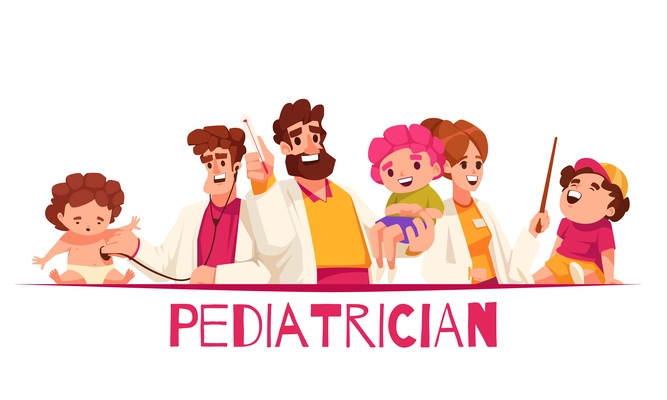 Pediatrician cartoon design concept with physicians doing medical checkup of children flat vector illustration