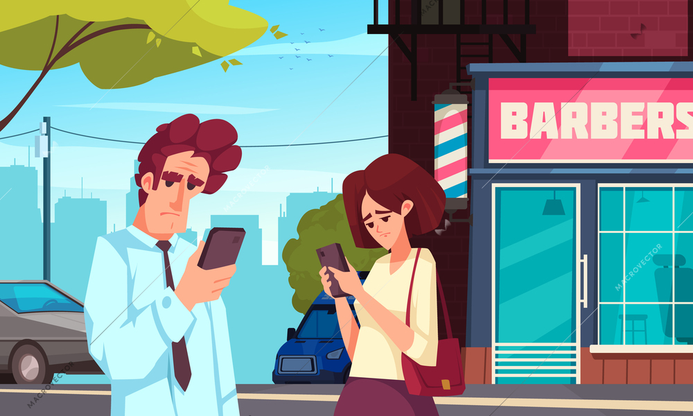 Gadget addiction cartoon poster with man and woman looking in their phones on city street vector illustration