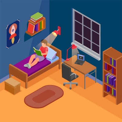 Children reading learning drawing isometric concept child is sitting in his room on his bed reading a book vector illustration