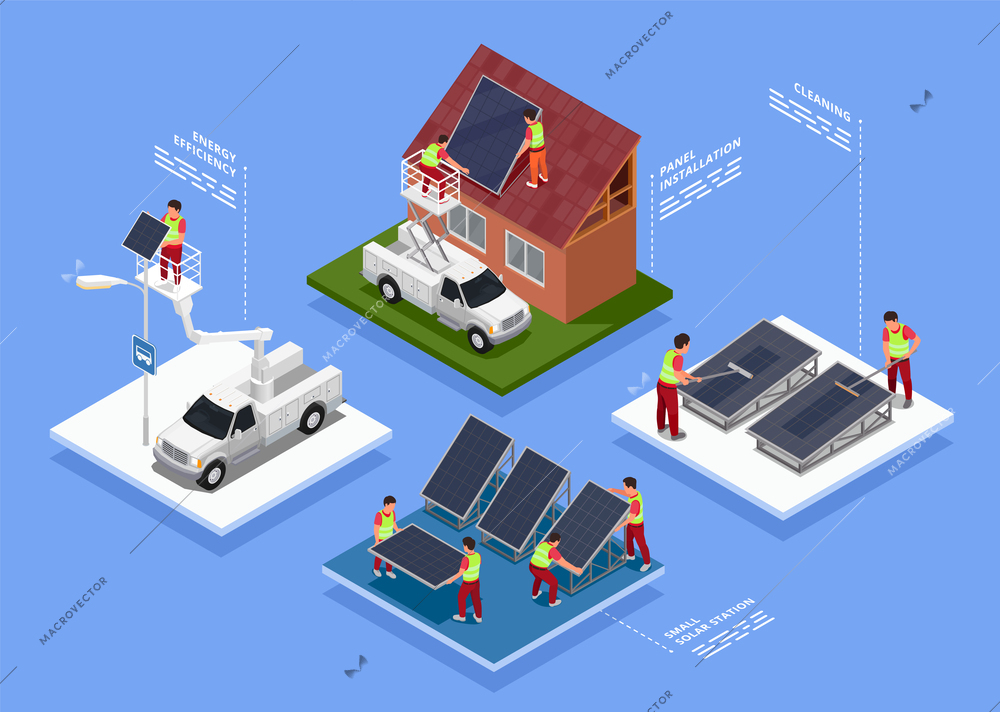 People installing and using solar panels isometric colored concept with panel installation cleaning small solar station energy efficiency descriptions vector illustration