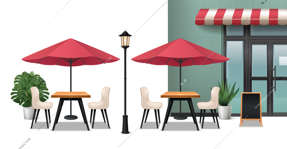 Cafe outdoor realistic composition with restaurant furniture vector illustration