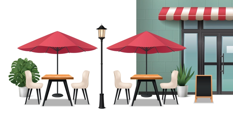 Cafe outdoor realistic composition with restaurant furniture vector illustration