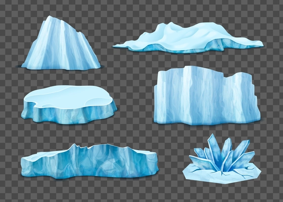Iceberg realistic icons set with glaciers on transparent background isolated vector illustration