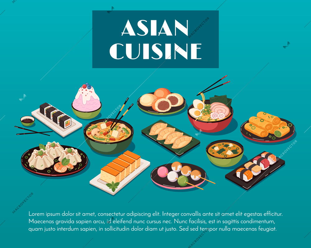 Asian food cartoon composition with chinese cuisine meals vector illustration