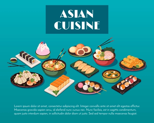 Asian food cartoon composition with chinese cuisine meals vector illustration