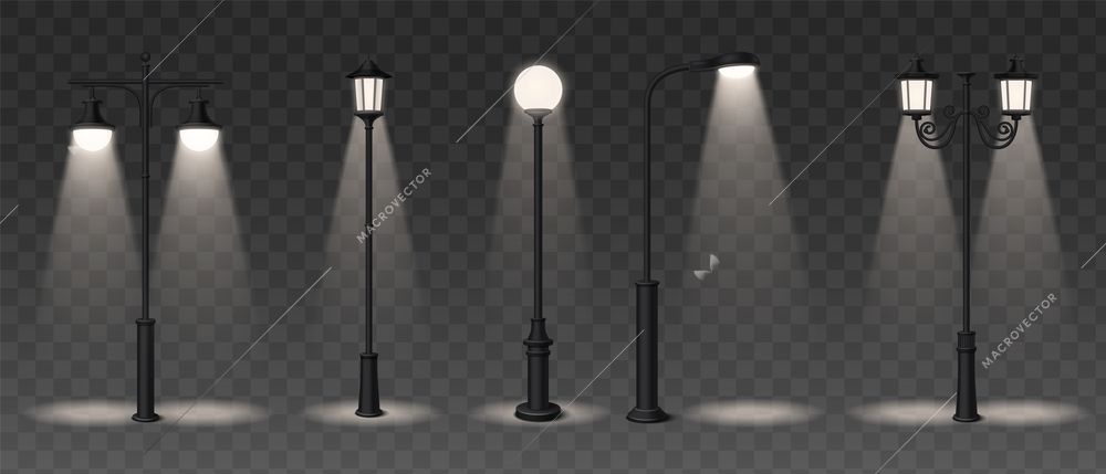 Street lamp realistic icons set with spotlights on transparent background isolated vector illustration