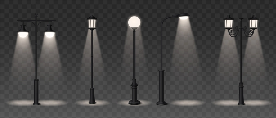 Street lamp realistic icons set with spotlights on transparent background isolated vector illustration