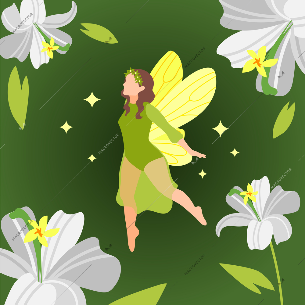 Beautiful fairy with butterfly wings flying among flowers isometric background 3d vector illustration