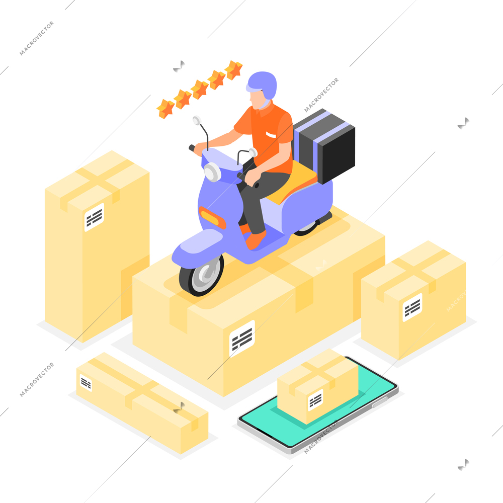 Courier delivery isometric composition with worker carrying ordered goods to consumer using bike 3d vector illustration