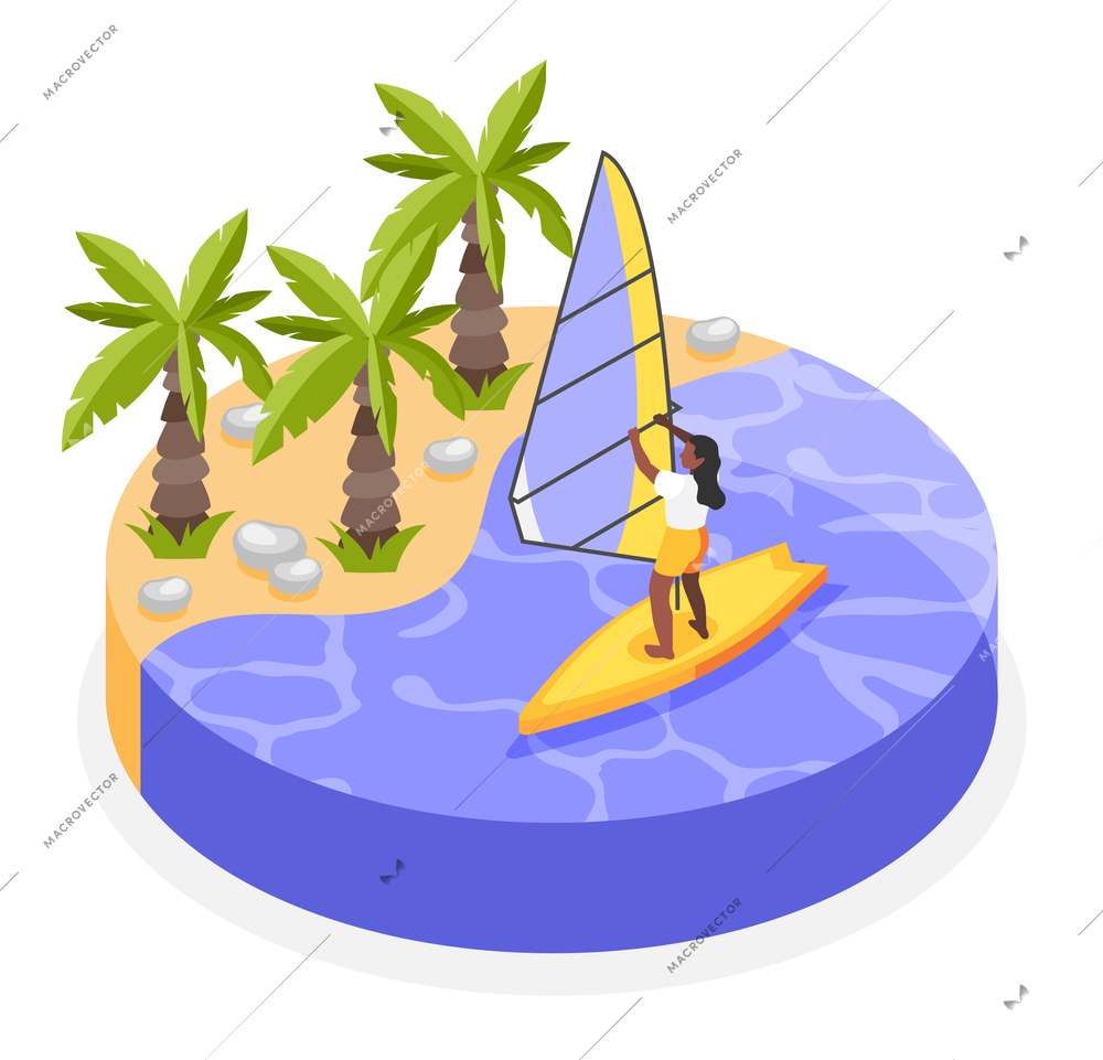Sailing isometric concept with woman riding wind surf board vector illustration