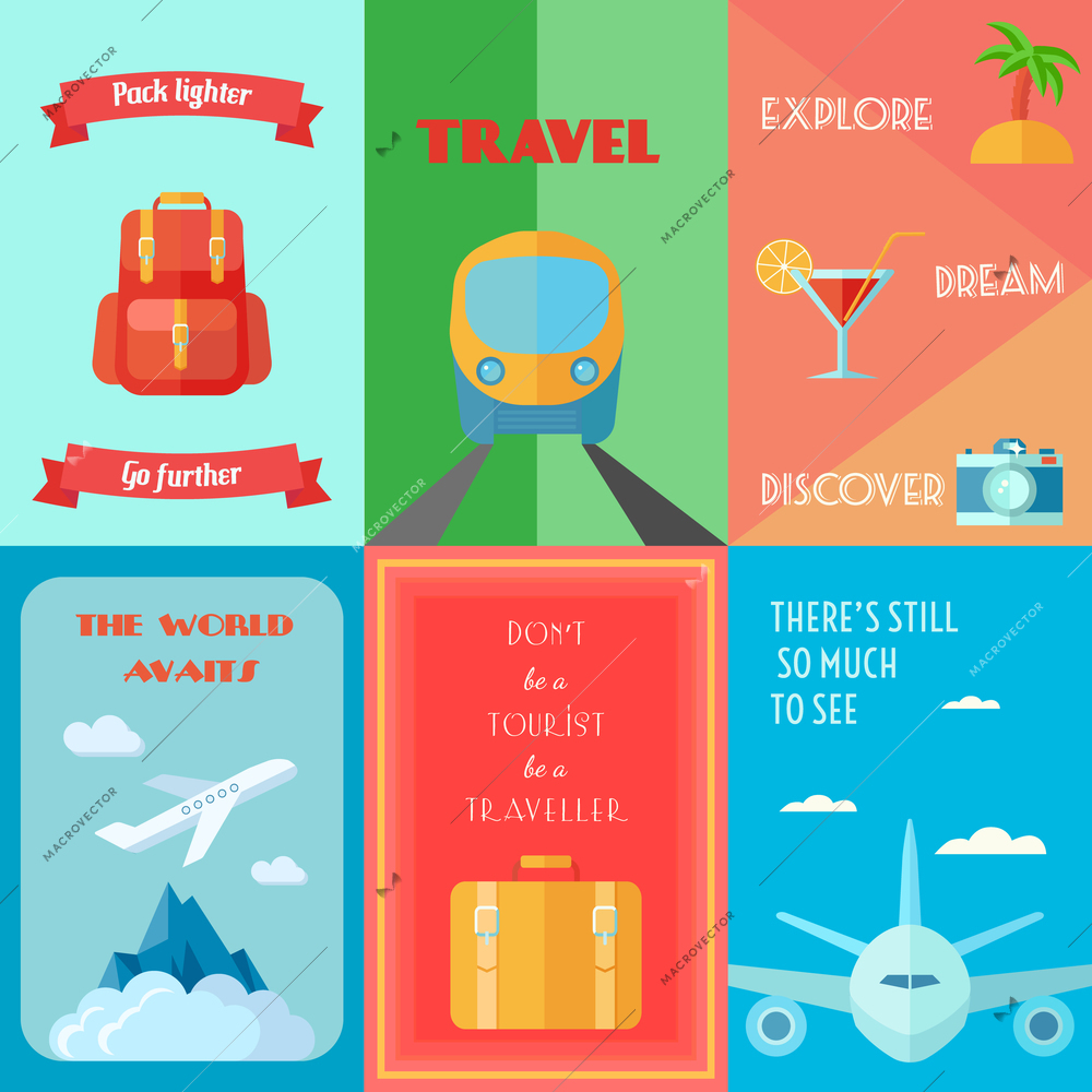 Travel tourism and vacation mini poster set isolated vector illustration