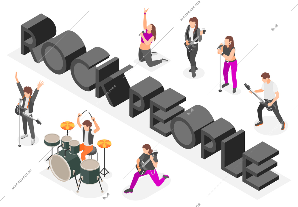Rock music isometric composition with musician band members vector illustration