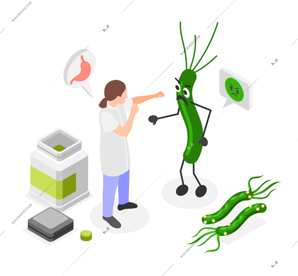 Helicobacter pylori isometric composition with doctor boxing with opponent in form of pathogenic bacterium cartoon vector illustration